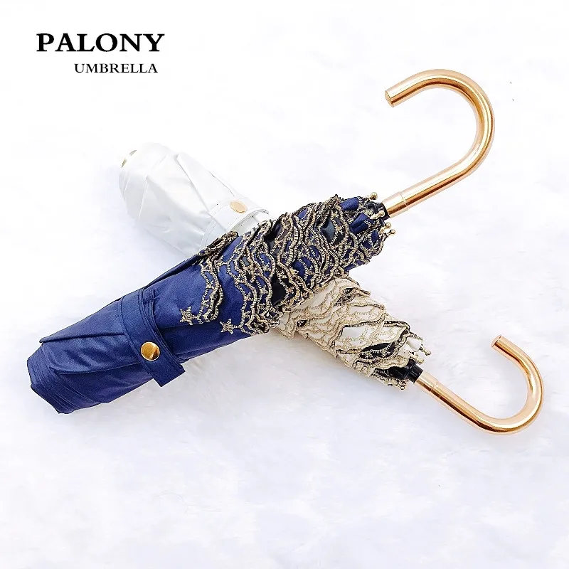 

PALONY Six Bone Frame Small Golden Hook Triple Folding Lady Lace Style Gilt Embroidery Sunshade Windproof Folding Umbrella