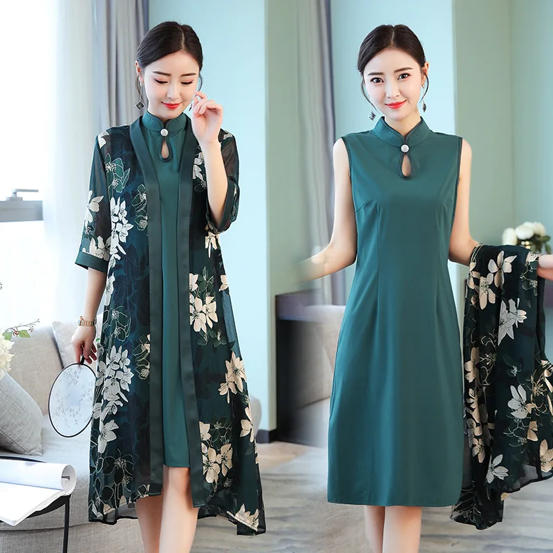 

Spring Clothing New Style 2019 Middle-aged WOMEN'S Apparels Mom Improved Cheongsam Two-Piece Set Elegant Mrs. Set 40-50-Year-Old