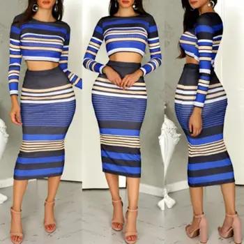 

2019 European and American women's autumn new fashion temperament sexy classic blue striped skirt suit