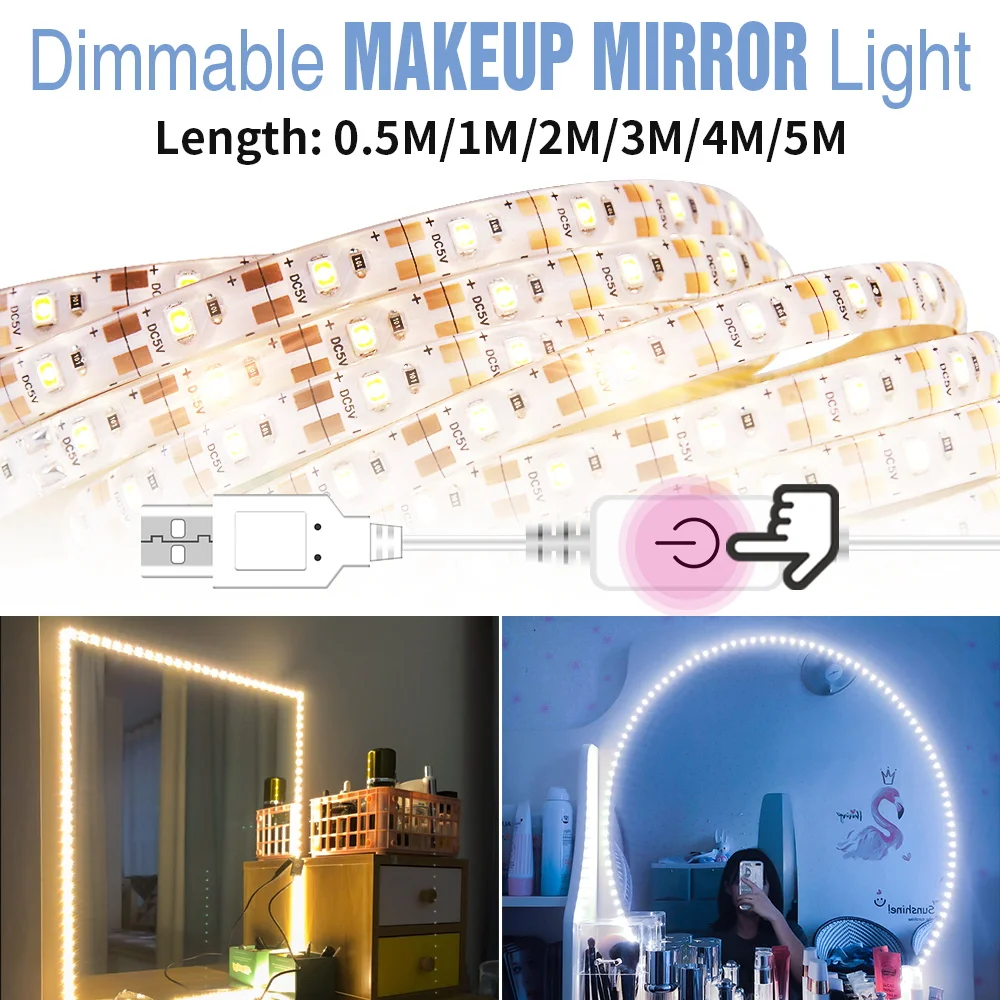 

USB Stepless Dimmable Vanity Mirror Lamp LED Cosmetic Light 5V Touch Switch Dressing Table Lamp LED Makeup Light 0.5 1 2 3 4 5 M