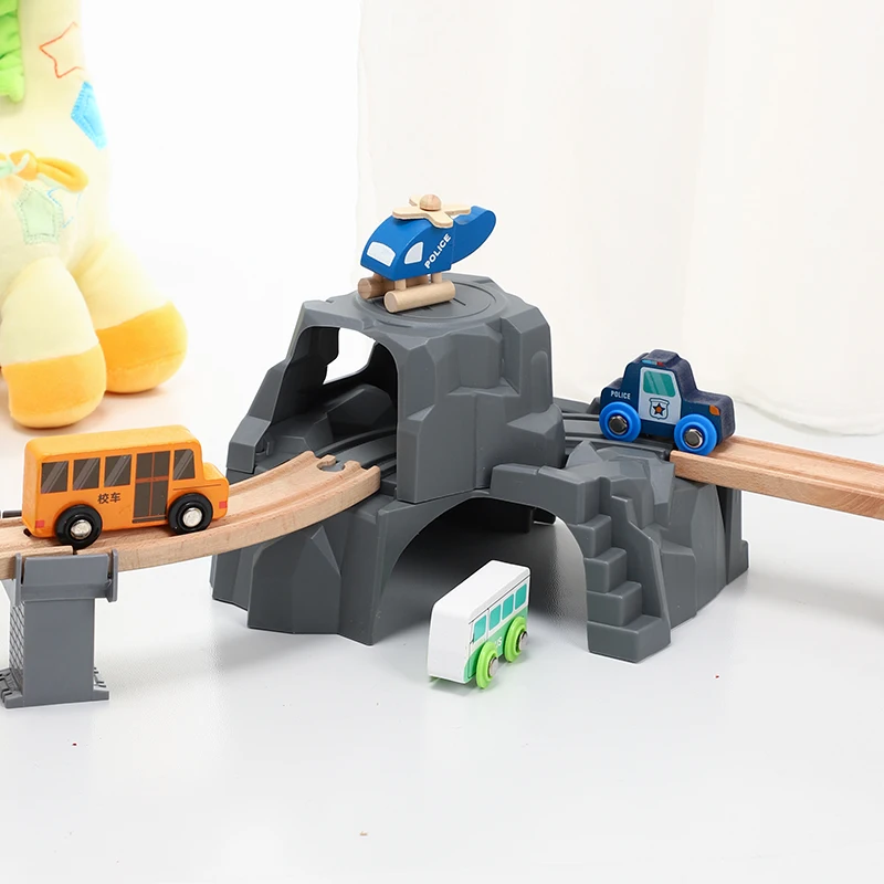 Детский деревянный поезд строительный блок трек аксессуары моделирование туннель пещера двухслойные игрушки Совместимость с кроликом трек