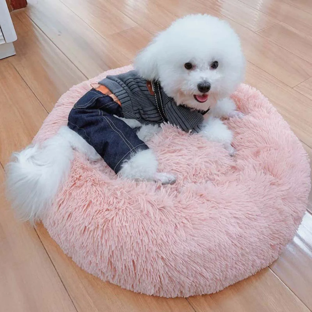 cheap Round Plush Cat Bed House Soft Long Plush Cat Bed Round Pet Dog Bed For Small Dogs Cats Nest Winter Warm Sleeping Bed Puppy Mat