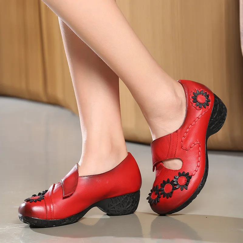 

Pinfeiliren Handmade Genuine Leather Literature And Art Retro Genuine Leather Ethnic-Style WOMEN'S Shoes Chunky-Heel Flower Semi