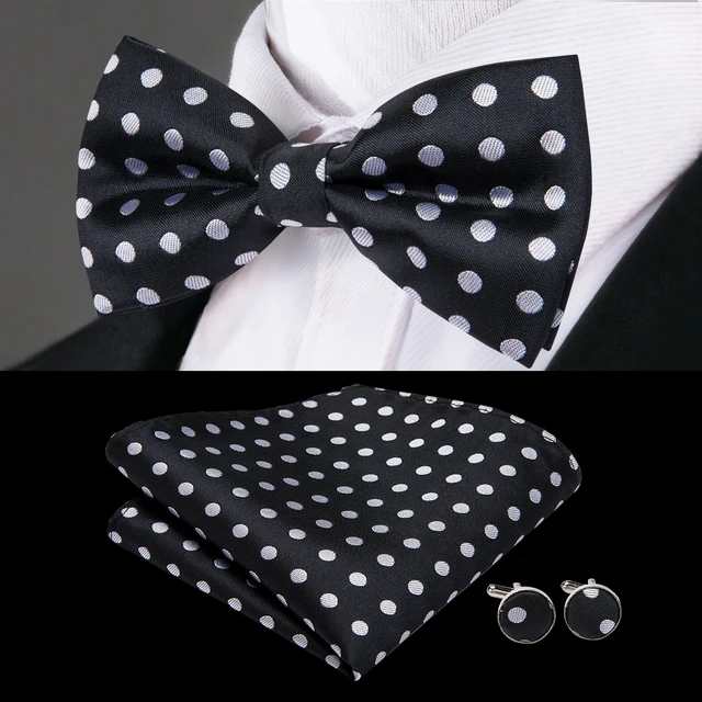 Hi-Tie Classic Black Bow Ties for Men 100% Silk Butterfly Pre-Tied Bow Tie Pocket Square Cufflinks Suit Set Floral Gold Bowties LH-755