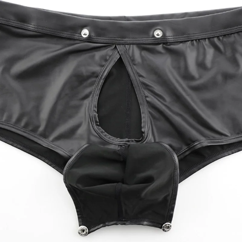 Men Boxer Shorts Gay Big Penis Bag Underwear Sexy Low Waist Patent Leather Buttons Erotic Boxer Cueca U Convex Underpants Shorts 5