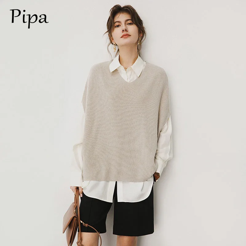 

Solid Color Sweater Vest Women Fashion Knitted Pullovers Loose Vintage Female Waistcoat Chic Loose Sweater Tops