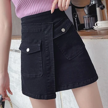 

Denim Skirts Womens Plus Size A-line Buttonirregular Knee-length Black Long Skirt