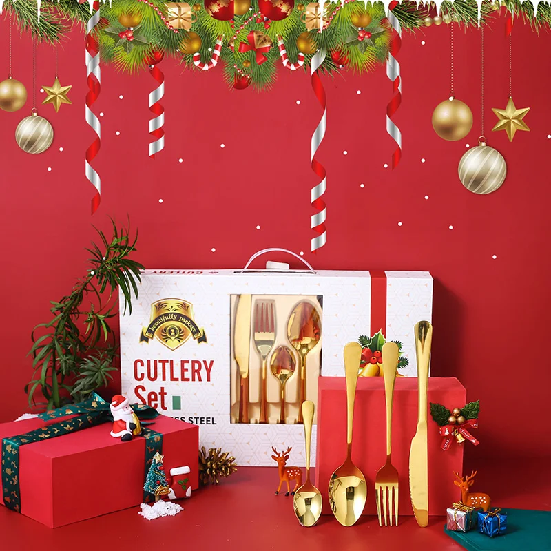 

24PCS Gold Dinnerware Set Christmas tableware Gift Box Stainless Steel Tableware Set Knife Fork Spoon Dishwasher Flatware Set