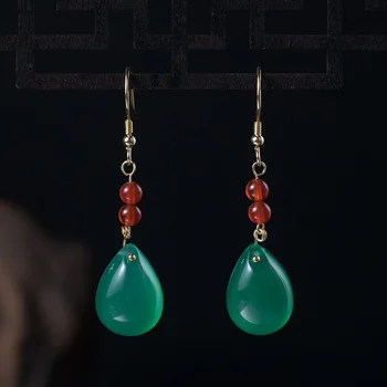 

Silver 925 Jewelry Green Chalcedony Drop Earring Natural Stone Ethnic Elegance Hook Earring For Women Ladies Fine Jewellery