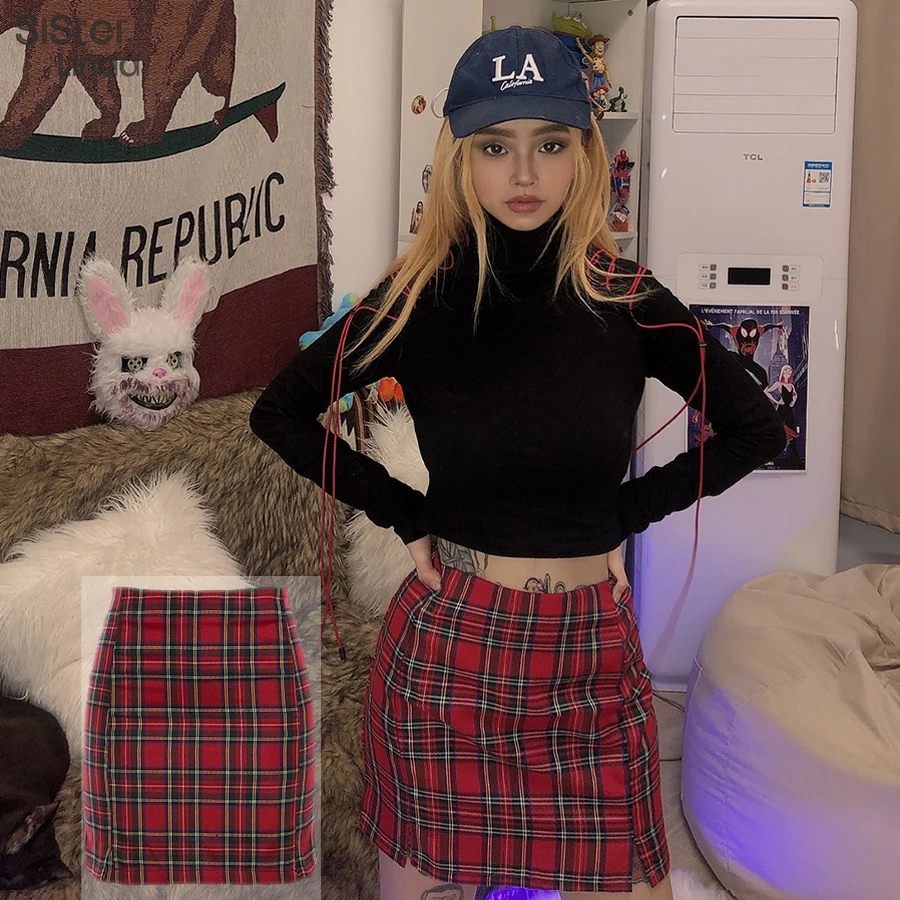 Sisterlinda Simple Red Short Bodycon Plaid Skirt womens 2019 Summer Fashion High Waist Mini skirt Streetwear Short Leisure Skirt Sisterlinda Simple Red Short Bodycon Plaid Skirt womens 2019 Summer Fashion High Waist Mini skirt Streetwear Short Leisure Skirt