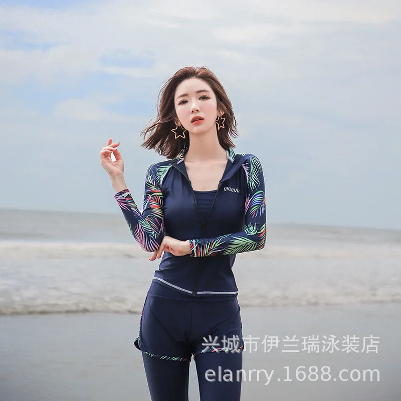 

2020 South Korea Sports Long-sleeved Swimsuit Women's Conservative Diving Suit Swimwear Slimming Split Type Five-Piece Hot Sprin