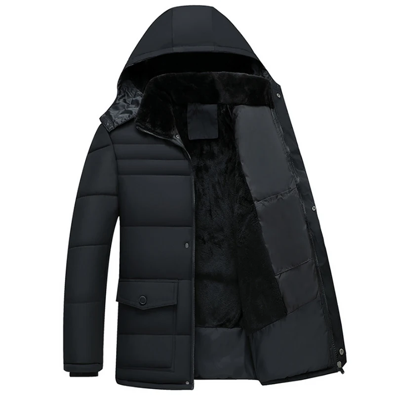 Новое высококачественное пальто для людей средних лет мужская Толстая теплая зимняя куртка с капюшоном деловая Повседневная пуховая куртка мужская Щука пальто - Цвет: black