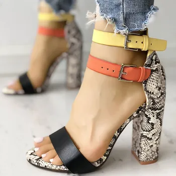 

Mixed Colors Buckle Strap Snake Printing High Heels Women Fashion One Word Belt Open Toe Sandals Square Heels Pumps Casual Shoes