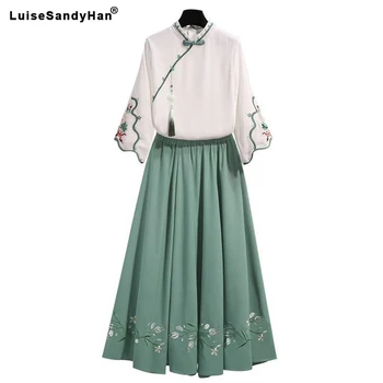

2019 Women Embroidery Set Blouse + Skirt Summer Style Two Pieces