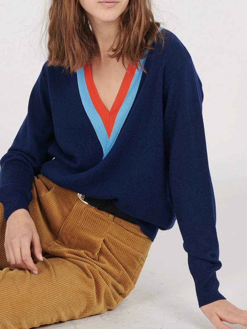 

Long Sleeve Knit Pull Runway Woman 2019 Fall V Neck Wool Knitted Sweaters