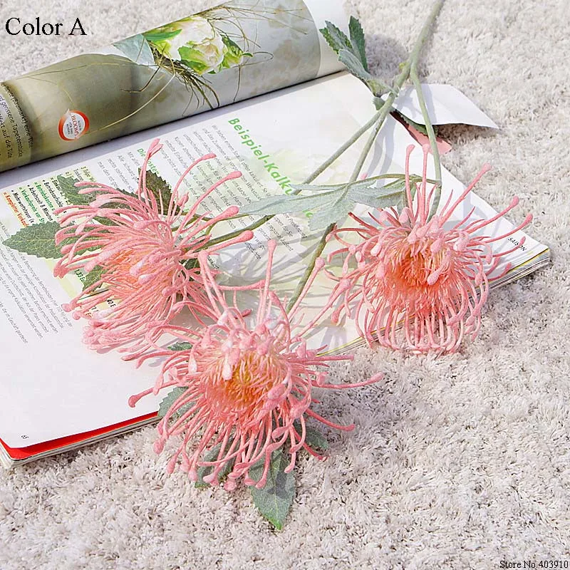 A Флокированные Leucospermum искусственные цветы для украшения свадьбы Искусственные цветы пластик искусственный цветок растение Флер искусственное - Цвет: A