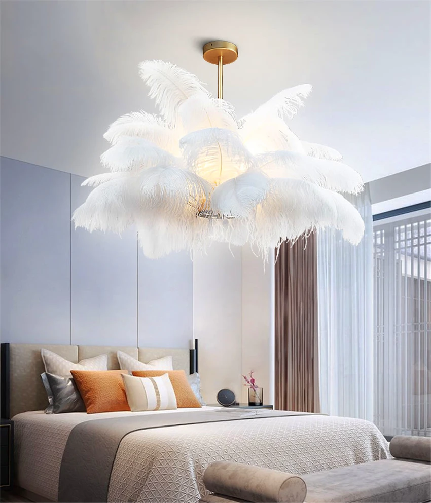 Скандинавский светодиодный подвесной светильник натуральный страусовый перо Лофт светодиодный Подвесная лампа для спальни гостиной ресторана декоративное освещение подвесной светильник