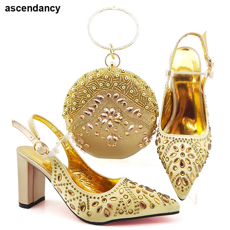 

Latest Design Gold Shoes and Bag Matching Set Italy 2020 African Wedding Italian Shoe and Bag Sets Ladies Luxury Women Shoes