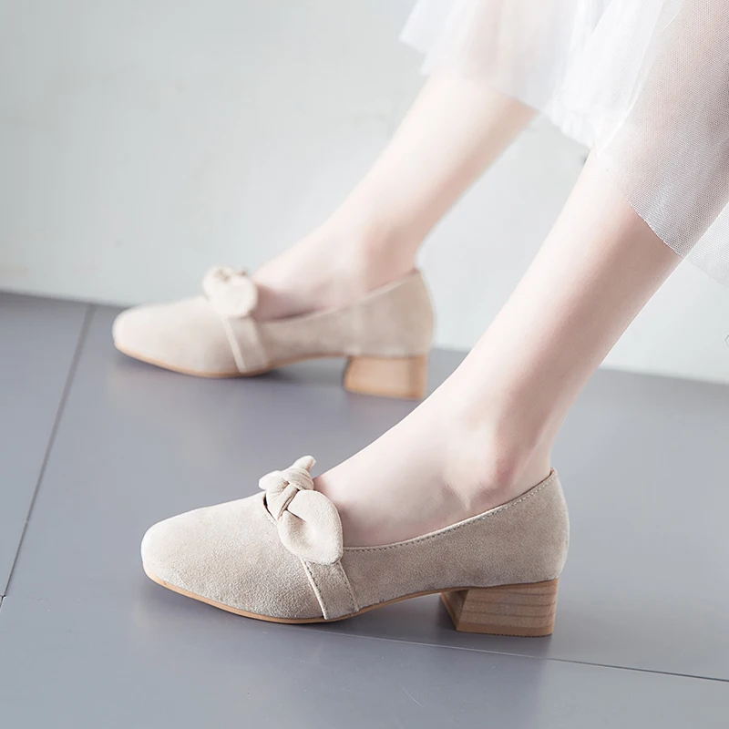 

2019 New Sexy Ladies Pumps Women Shoes Female Flock Bow Knot Round Toe Slip On Square Block Thick Med Heels Casual Shoes Woman