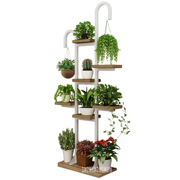 

7895 Multi-Layer FloorType Wood Flower Rack Wood Plant Shelf Pergola Chipboard Steel Frame Balcony Flowerpot Holder With Hook