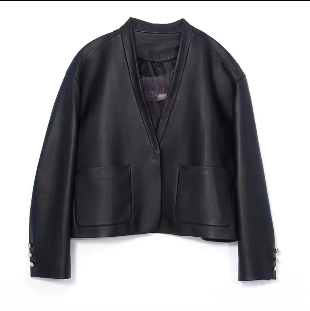 Brown Leather Coats Women V Neck Single Button Blazer Jackets 2021 Autumn Winter Elegant Smooth Leather Slim Short Jackets