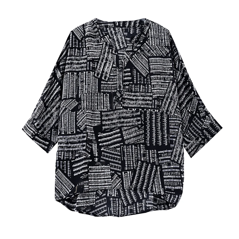 

2021 Woman Summer Fashion Good Quality Staff Musical Note Print Loose V-Neck Half-Sleeves Chiffon Shirt