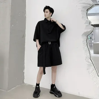 

Men 2 Pieces Sets (shirt+shorts) Loose Short Sleeve Shirt Male Pullover Japan Karajuku Streetwear Retro Fashion Shirts