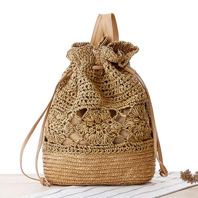 

Women Backpack Hollow Out Summer 2020 Handmade Knitted Flower Drawstring Crochet Straw Beach Bags Designer Backpack Female Bag