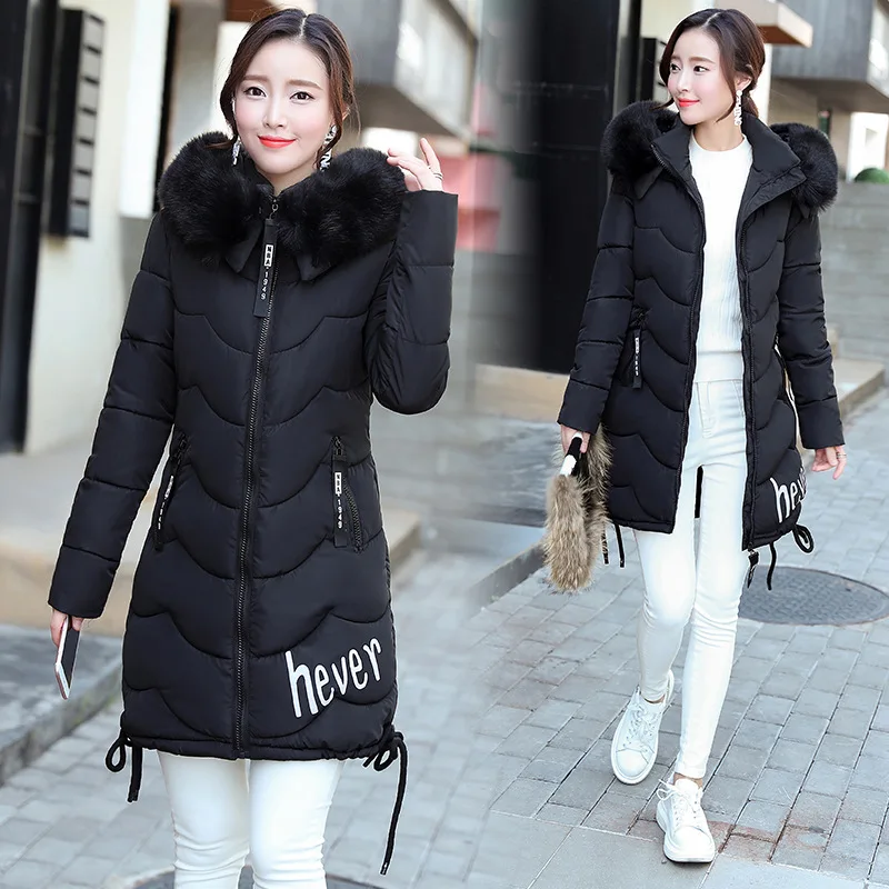 

2018 New Style Students Cotton-padded Clothes Casual Fashion Hooded Fur Collar Cold Protective Clothing Women's Mid-length Cotto