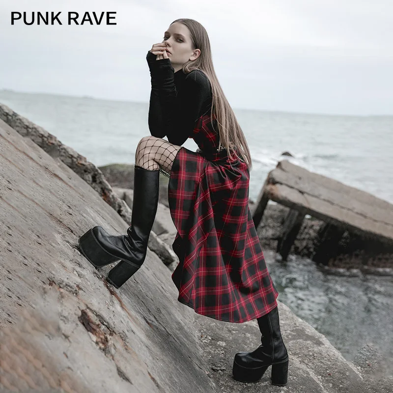 PUNK RAVE Girl's Red-black Check Irregular Ruffle