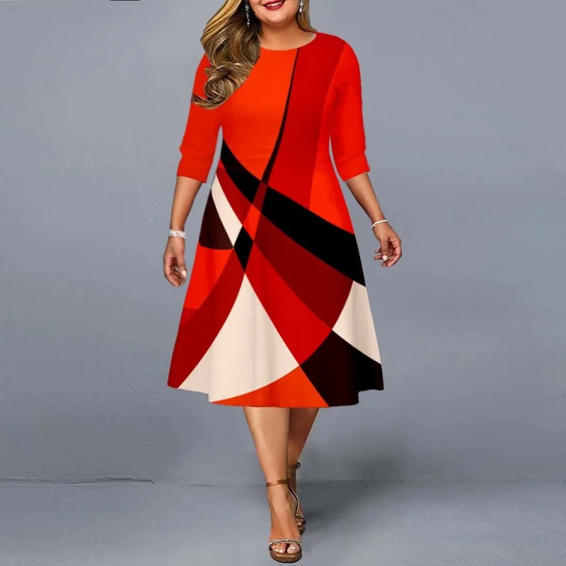 Plus Size Women Clothing 2022 Elegant Geometric Print Party Dress Ladies A-Line Red Midi Dress New Year Evening Club Outfits 5XL women metal hollow out line geometric choker necklace