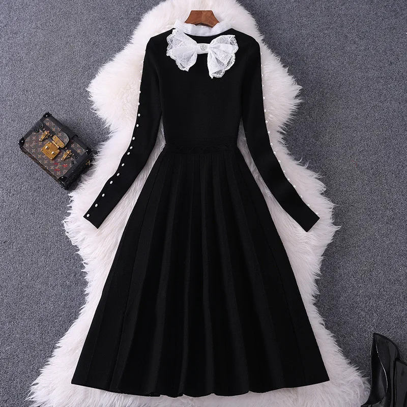 Vestidos, длинный рукав, бант, жемчуг, милое, одноцветное, алиновое, вязанное платье-свитер,, новая мода, женское платье осень-зима - Цвет: Черный