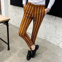 Мужские повседневные брюки тонкие брюки мужские модные вертикальные бар черные темно-зеленые коричневые деловые повседневные брюки