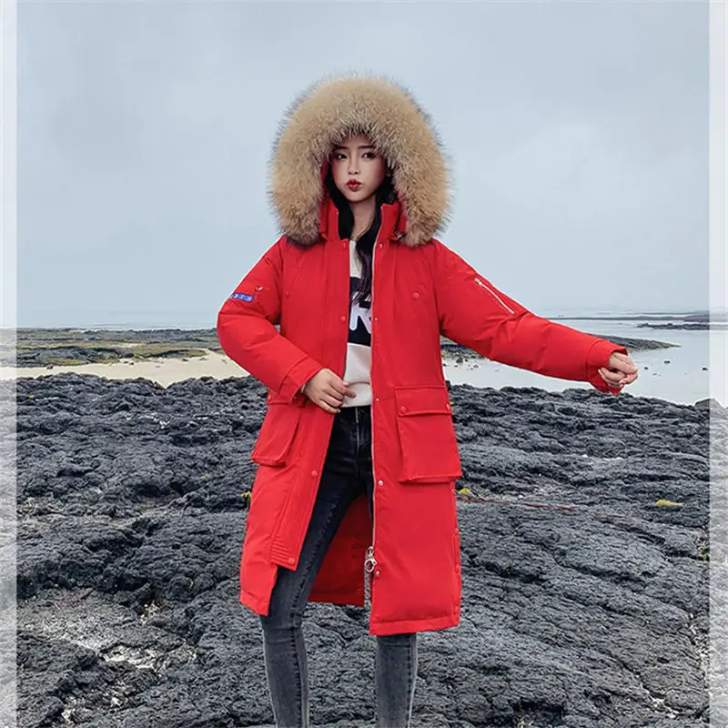 Зимние теплые плотные Длинные куртки повседневные пальто женские парки с капюшоном из натурального меха енота женская верхняя одежда с хлопковой подкладкой пальто - Цвет: Красный