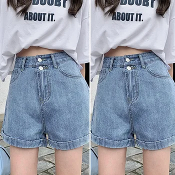 

Women's Wide Leg Pants Thin Denim Shorts High Waist Hemming Hot Pants Blue