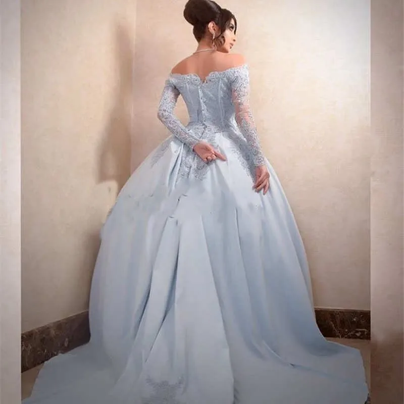 Blue Long Wedding Ball Gown Sweetheart Sleeves Off the Shoulder Lace Beads Bridal Gowns Cheap From China Mother of Bride Dresses