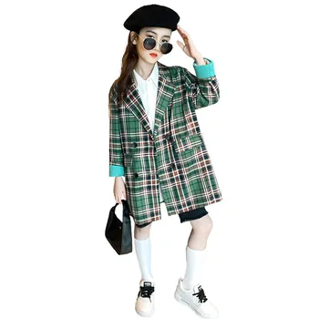 

Teenage Girls Vintage Green Plaid Fashion Casual Suit Coat Children Japan Korea Back To School Suit Blazer Jacket Teen Outerwear