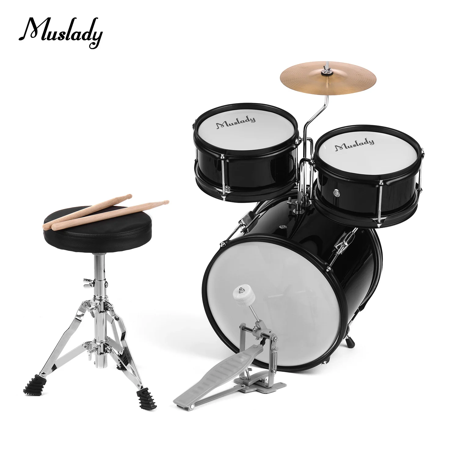 Muslady 3-pieces Drum Kit Дети Junior Drum Set ударный музыкальный инструмент с тарелки барабанные палочки регулируемый стул