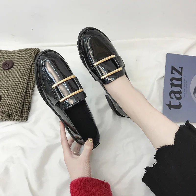 

2019 Autumn New Style Korean-style round-Toe Square Buckle Slip-on Low Heel Versatile Casual Anti-slip Flat England Shoes Women'
