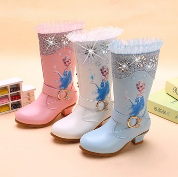 

Disney New Winter Elsa Boots Waterproof Leather Boots For Girls Frozen Princess Long Tube Children Boots