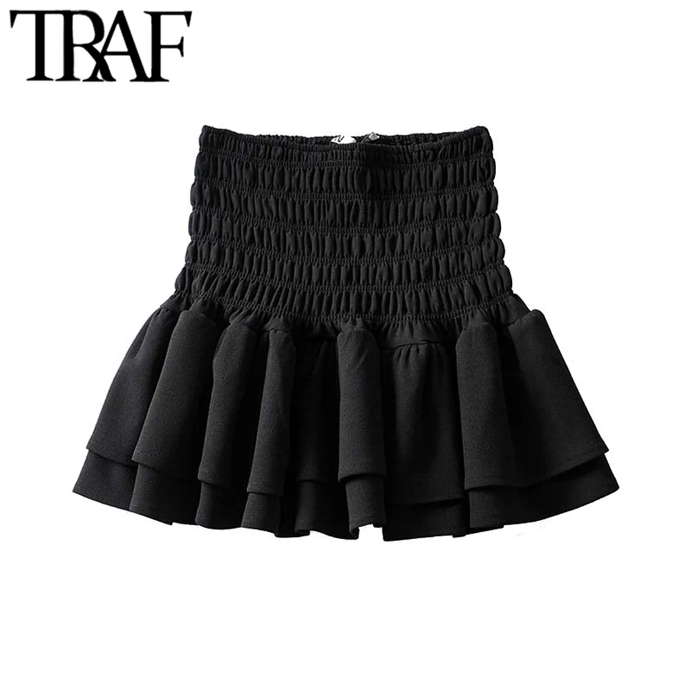 

TRAF Women Sweet Ruffles Black Mini Skirt Vintage Fashion A Line Elastic Waist Pleated Skirts Stylish Faldas Mujer