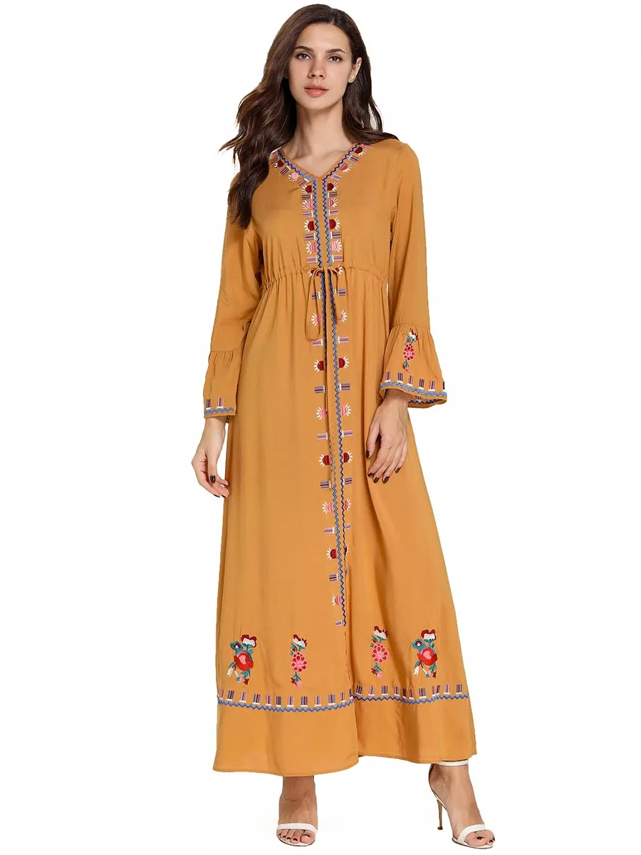 Siskakia, этническое длинное платье с вышивкой, элегантное платье с v-образным вырезом, Платья-макси с длинным рукавом, регулируемая шнуровка на талии, Повседневная Арабская одежда