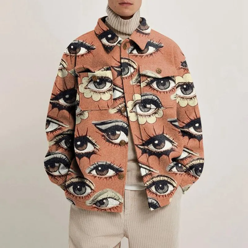 Hipster Men's Turn-down Collar Buttoned Jacket 2021 Autumn Winter Fashion Abstract Printed Loose Coats Men New Casual Streetwear | Мужская
