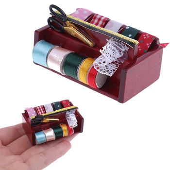 

2019 Sewing Tape Kit In Wood Box Cut Wooden Frame Shelf Dollhouse Decoration 1:12 Furniture Miniature Accessories