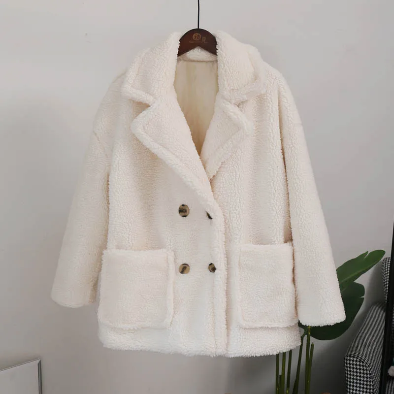 Classic Turn-down Collar Solid Faux Fur Jacket Coat Women Winter Warm Thicken Fake Lamb Overcoats Basic Soft Plush Overwear - Цвет: white fur coat