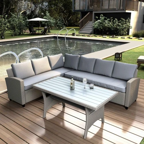 Outdoor Furniture Sectional PE Rattan Wicker Patio Set With Faux Wood Grain Top Table And Cushions Modern Design Garden Sets