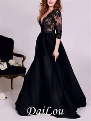 Floor-Length Deep V-Neck A-Line 3/4 Length Sleeves Zipper-Up Lace Split-Front Prom Dress 2022