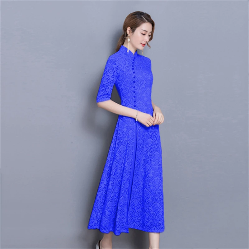 Woman Vintage Ao Dai Oriental Elegant Vietnam Traditional Dress 8Colors Stand Collar Asian Graceful Half Sleeve Swing Cheongsam - Цвет: Blue