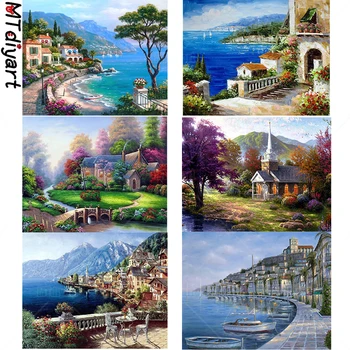 

Diy Full drill Art Diamond Painting 5D Kit Set Cross Stitch City And Forest Lake Scenic Rhinestone Seascape Home Wall Stickers