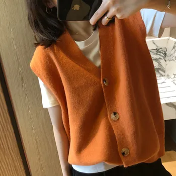 

Orange Single Button V Neck Knitted Vest Loose Outwear For Spring